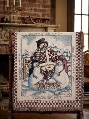 Vintage throw blanket Heidi Satterberg Snowman Nativity Woven Tapestry Fr